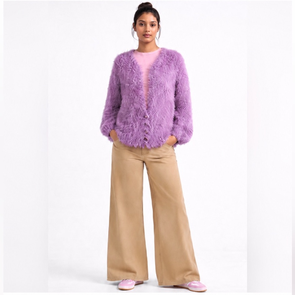 🧶 Fuzzy Merino Wool Oversized Cardigan Balloon Sleeves Purple Size L